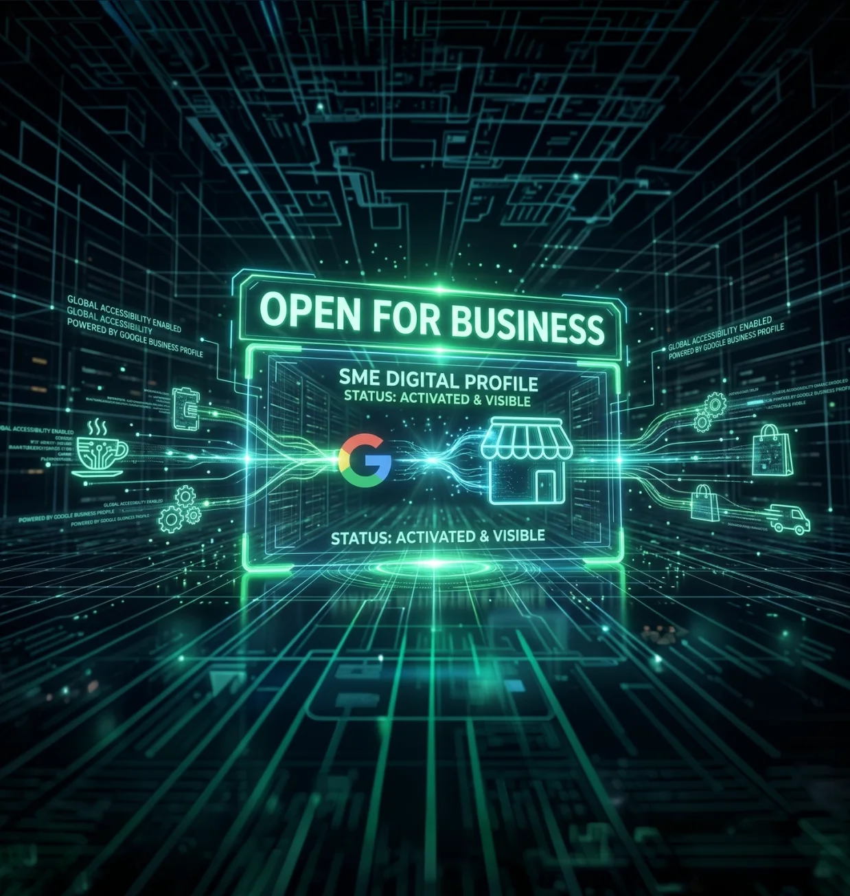 AI SEO concept graphic showing a glowing green digital matrix interface optimizing a Google Business Profile for local search visibility.