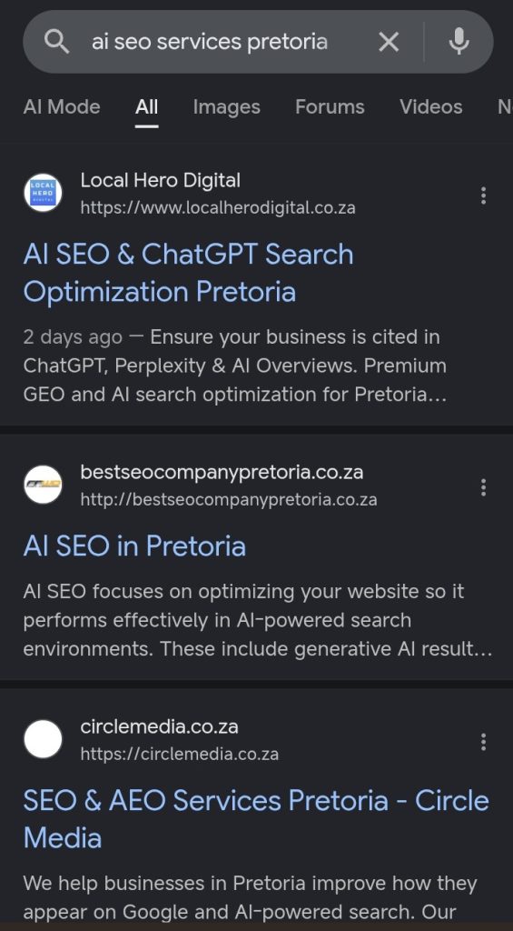 Google mobile organic search results showing Local Hero Digital ranked in the number one position for AI SEO and ChatGPT search optimization services.