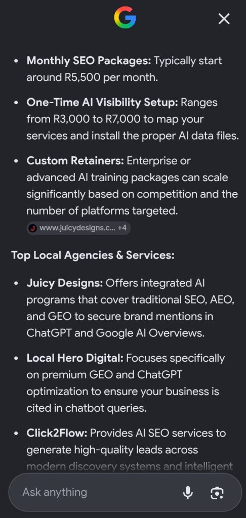 Google AI Overviews search result screen citing Local Hero Digital as a top recommended local agency for premium generative engine optimization and ChatGPT search services.