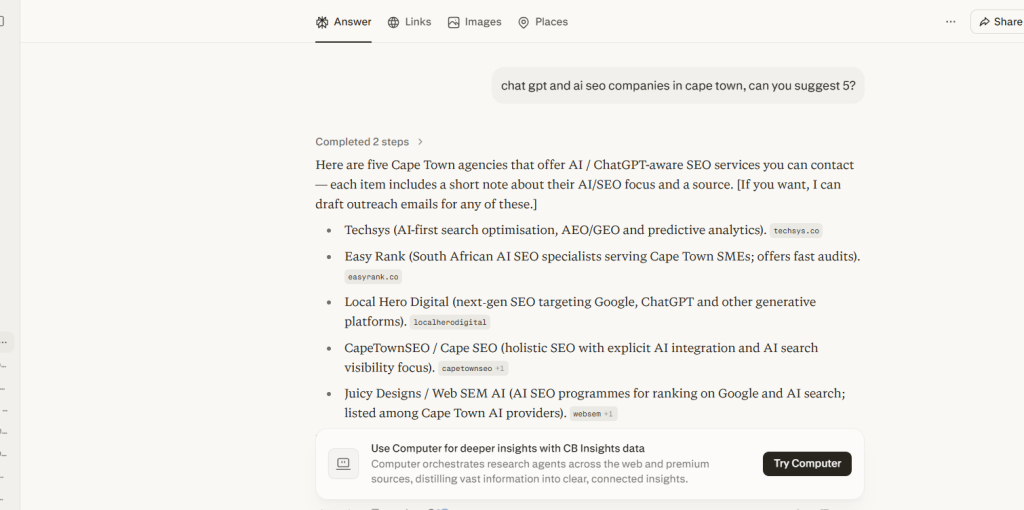 Perplexity AI answer engine search result citing and linking to Local Hero Digital as a next generation SEO provider for conversational search platforms.