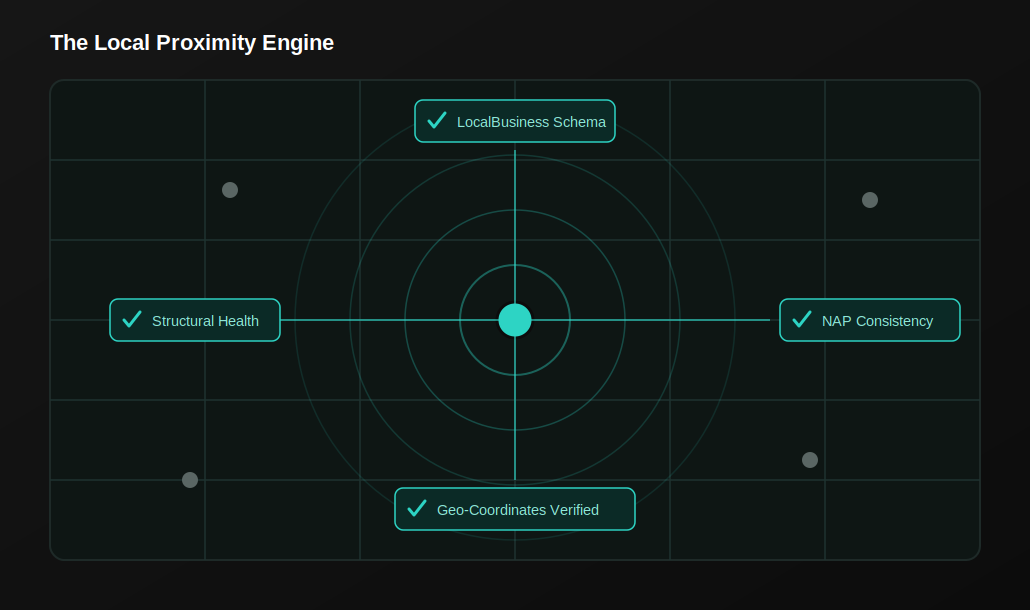 Local business entity signal diagram showing schema markup and geographic proximity data