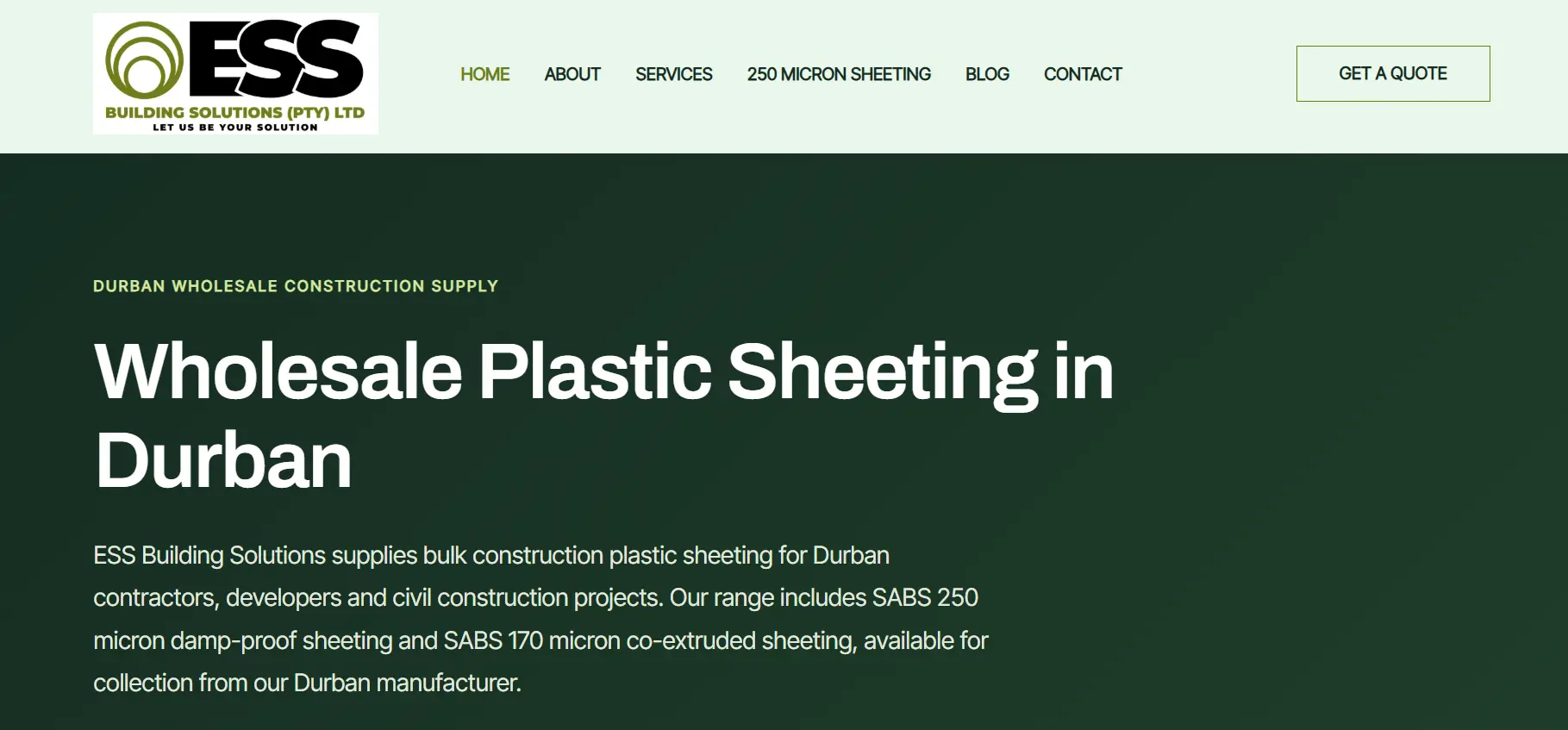 ESS Building Solutions WordPress website showing its desktop homepage and construction supply services
